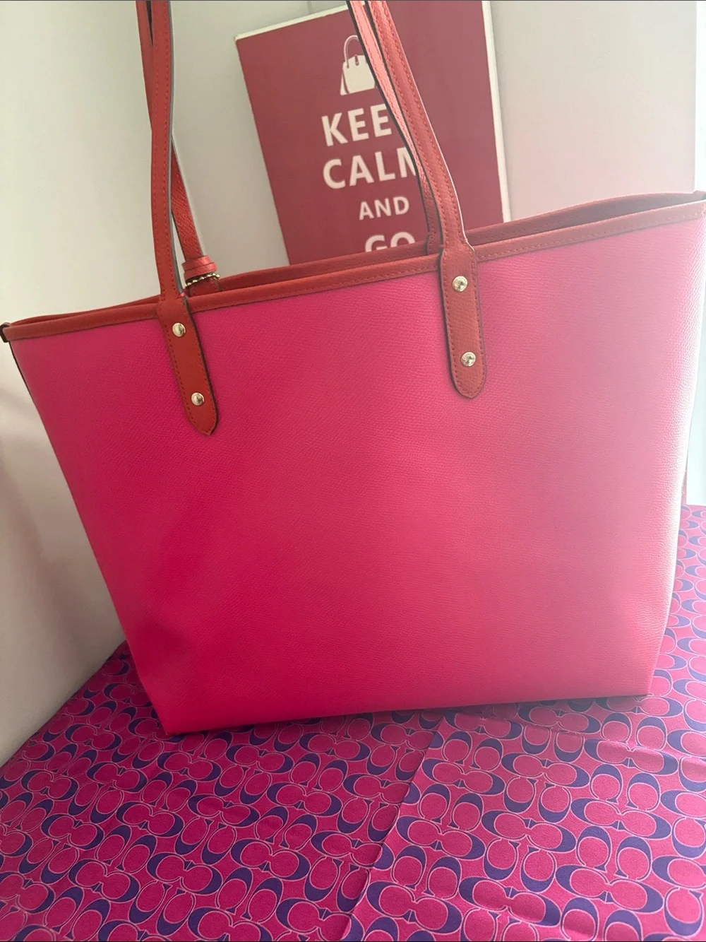 Coach Pink Tote with Orange  Trim and Matching Zip Pouch